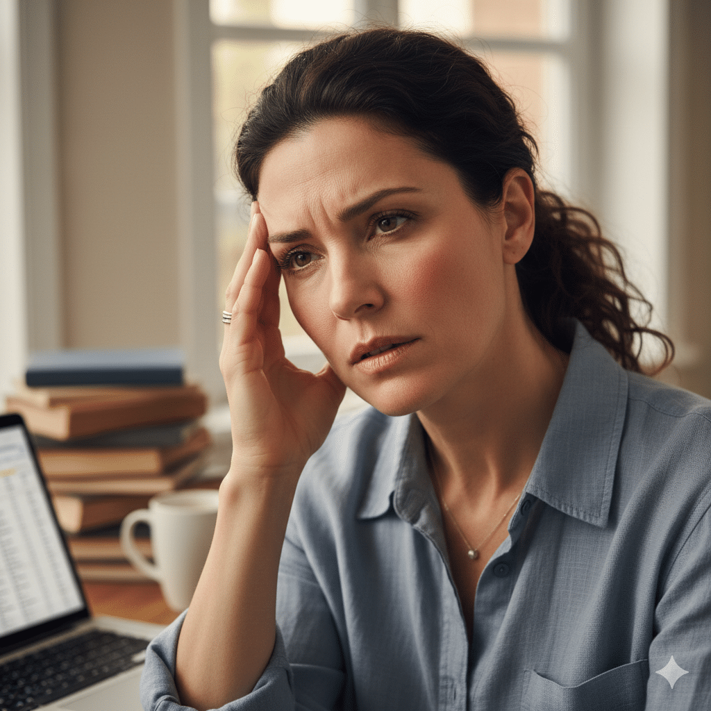 Midlife woman experiencing neural load and perimenopause pain.