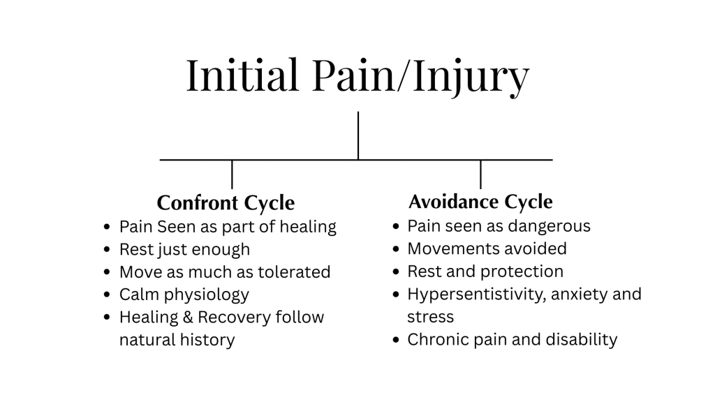 Visual diagram comparing the confront cycle of pain recovery to the fear-avoidance chronic pain cycle.